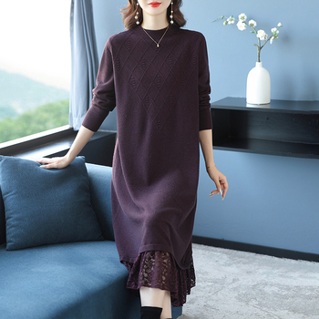 Зимна дълга плетена рокля, акрил-найлонова смес, А‑линеен силует, полувисока яка, дълги ръкави, пуловер стил
