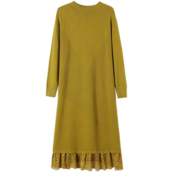 Зимна дълга плетена рокля, акрил-найлонова смес, А‑линеен силует, полувисока яка, дълги ръкави, пуловер стил