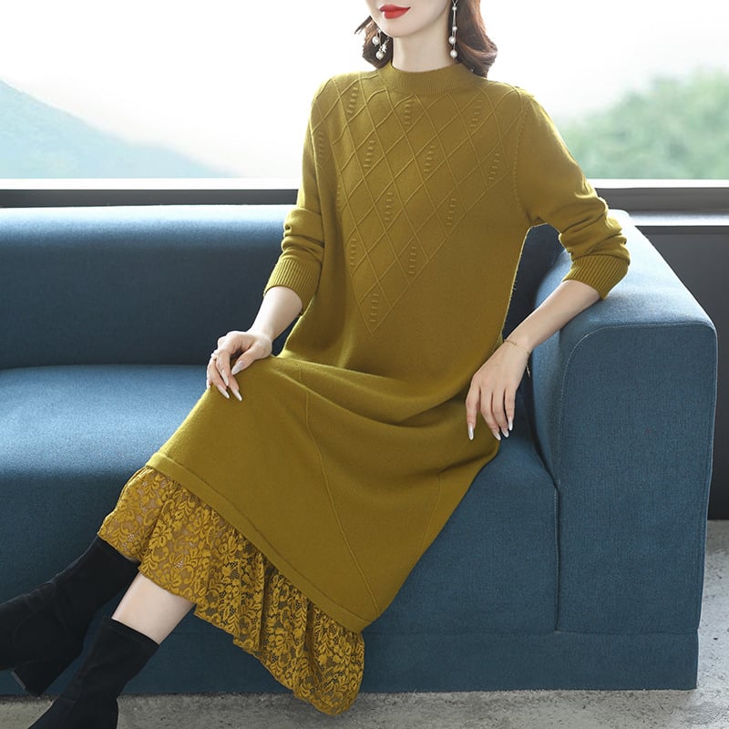 Зимна дълга плетена рокля, акрил-найлонова смес, А‑линеен силует, полувисока яка, дълги ръкави, пуловер стил