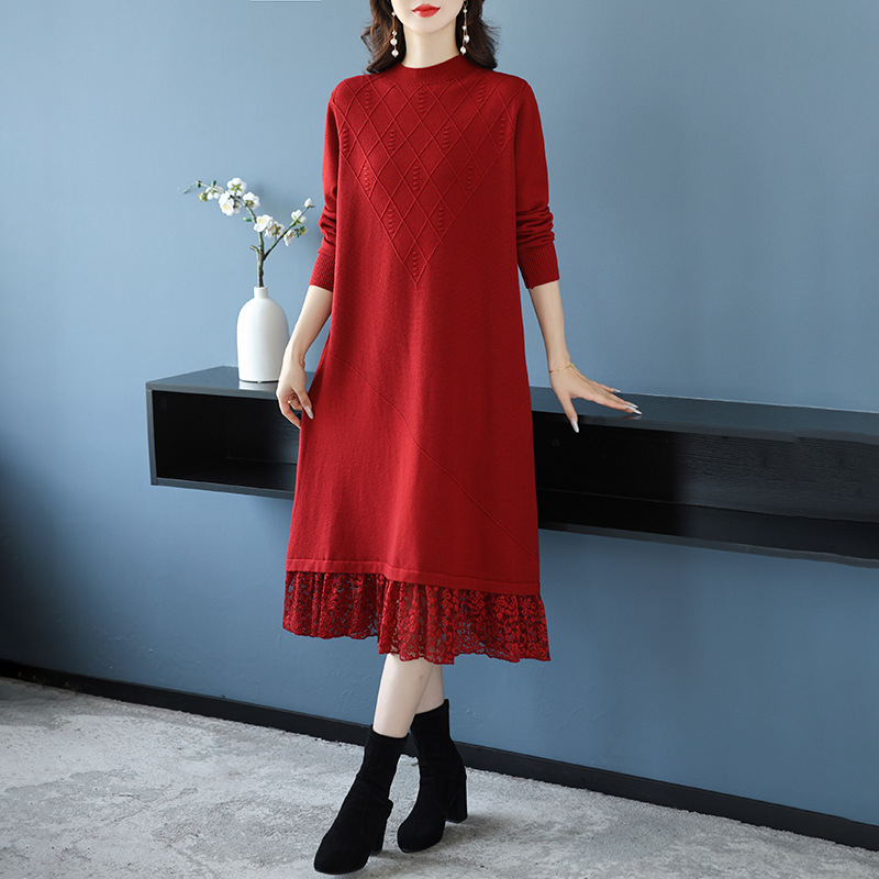 Зимна дълга плетена рокля, акрил-найлонова смес, А‑линеен силует, полувисока яка, дълги ръкави, пуловер стил