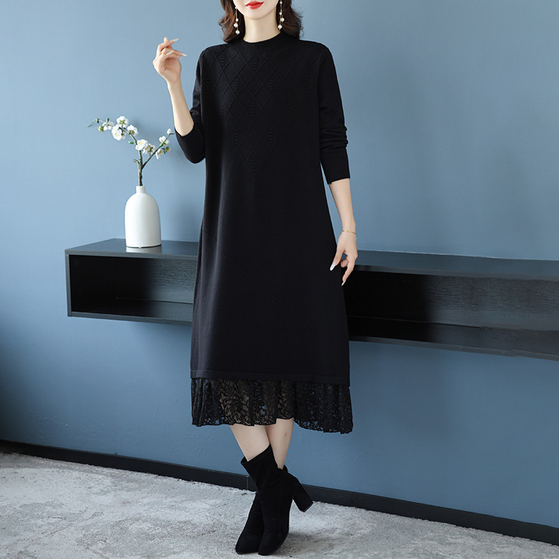 Зимна дълга плетена рокля, акрил-найлонова смес, А‑линеен силует, полувисока яка, дълги ръкави, пуловер стил