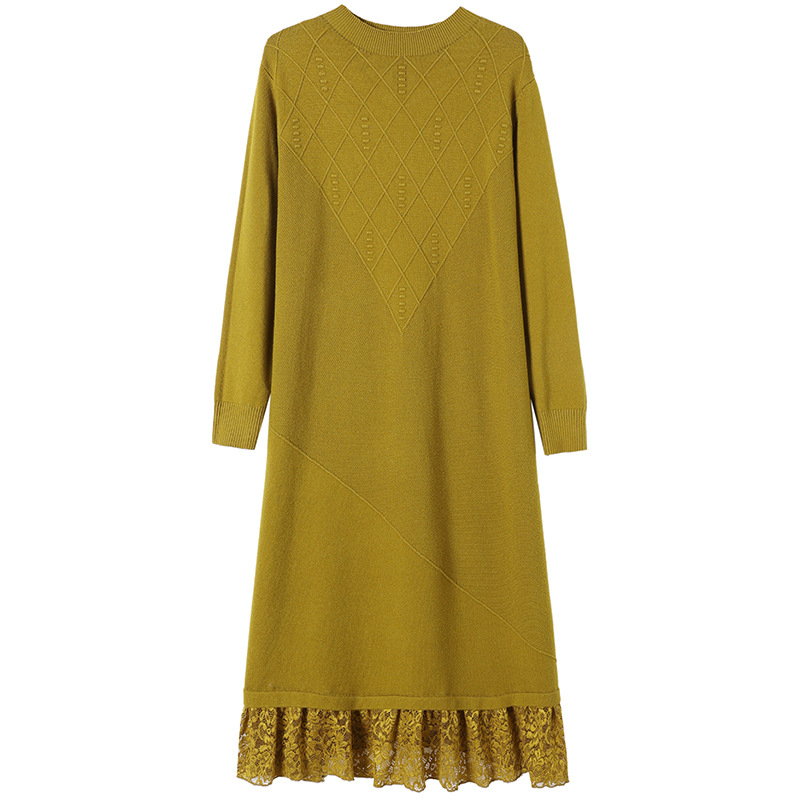 Зимна дълга плетена рокля, акрил-найлонова смес, А‑линеен силует, полувисока яка, дълги ръкави, пуловер стил