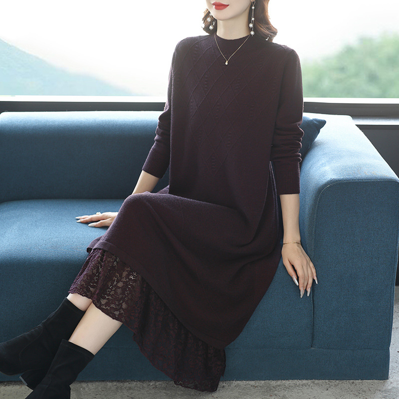 Зимна дълга плетена рокля, акрил-найлонова смес, А‑линеен силует, полувисока яка, дълги ръкави, пуловер стил