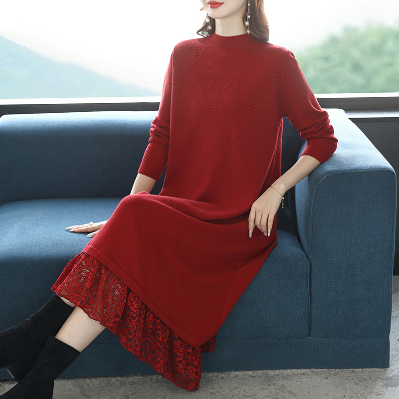 Зимна дълга плетена рокля, акрил-найлонова смес, А‑линеен силует, полувисока яка, дълги ръкави, пуловер стил