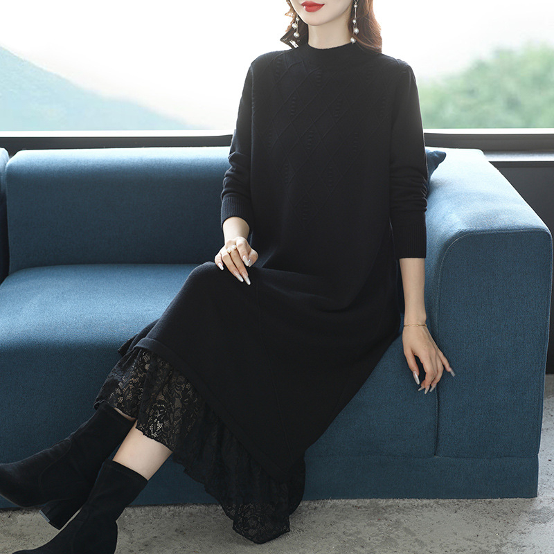 Зимна дълга плетена рокля, акрил-найлонова смес, А‑линеен силует, полувисока яка, дълги ръкави, пуловер стил