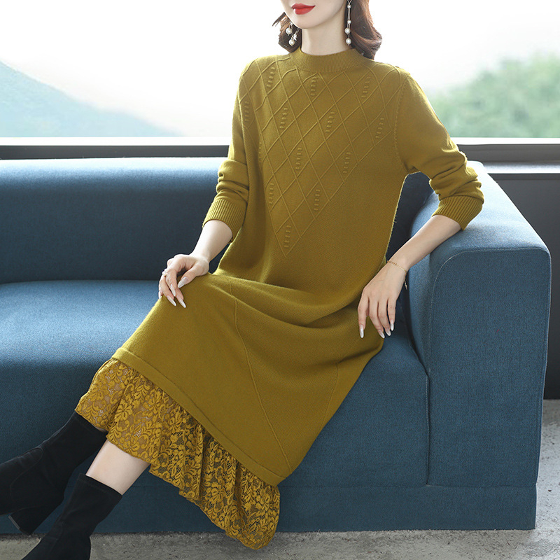 Зимна дълга плетена рокля, акрил-найлонова смес, А‑линеен силует, полувисока яка, дълги ръкави, пуловер стил