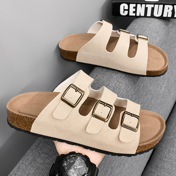 Muške slide sandale s drvenom sole, miješan gornji materijal, casual stil, otvoreni prst, kod Fjz08