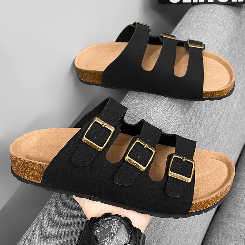 Muške slide sandale s drvenom sole, miješan gornji materijal, casual stil, otvoreni prst, kod Fjz08