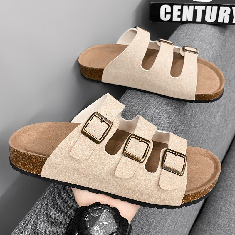 Muške slide sandale s drvenom sole, miješan gornji materijal, casual stil, otvoreni prst, kod Fjz08