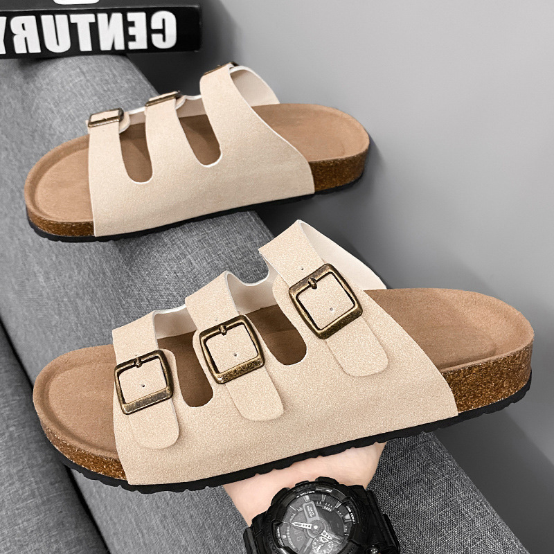Muške slide sandale s drvenom sole, miješan gornji materijal, casual stil, otvoreni prst, kod Fjz08