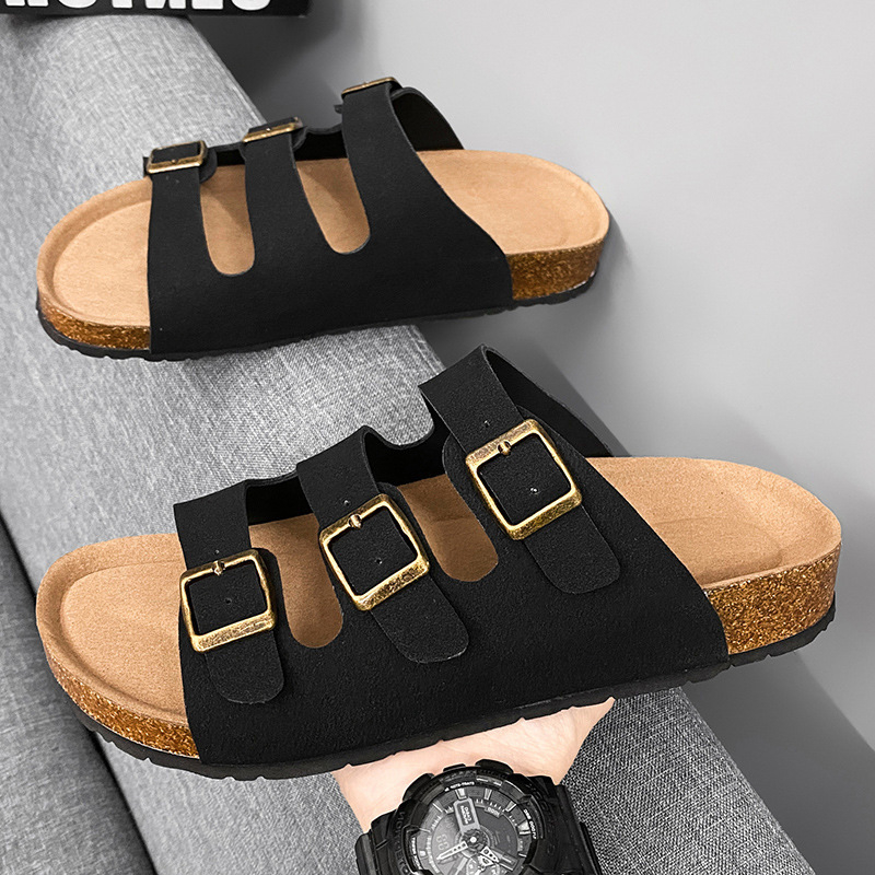Muške slide sandale s drvenom sole, miješan gornji materijal, casual stil, otvoreni prst, kod Fjz08