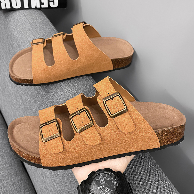 Muške slide sandale s drvenom sole, miješan gornji materijal, casual stil, otvoreni prst, kod Fjz08
