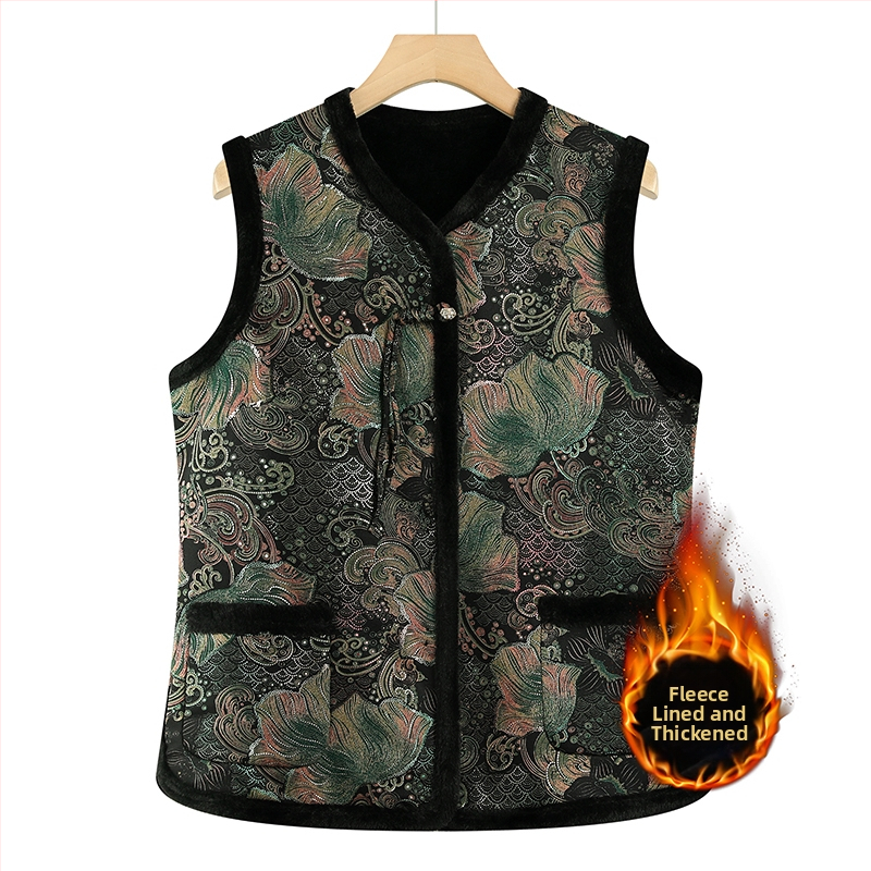 Ujjatlan mellény, kínai stílus, irodalmi retro dizájn, növény- és virágmintás, poliészter anyag, PVC tartalom ≤30%