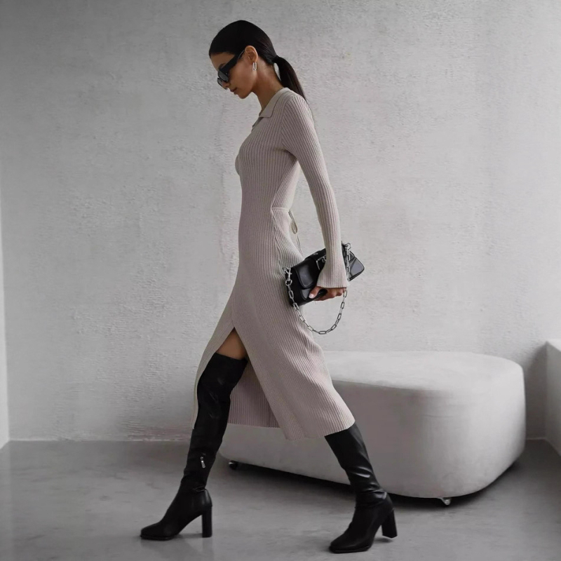 Hepburn stil haljina-sviter s dubokim V izrezom, uski kroj, duga duljina, poliester