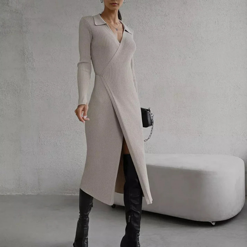Hepburn stil haljina-sviter s dubokim V izrezom, uski kroj, duga duljina, poliester