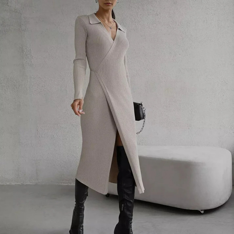 Hepburn stil haljina-sviter s dubokim V izrezom, uski kroj, duga duljina, poliester