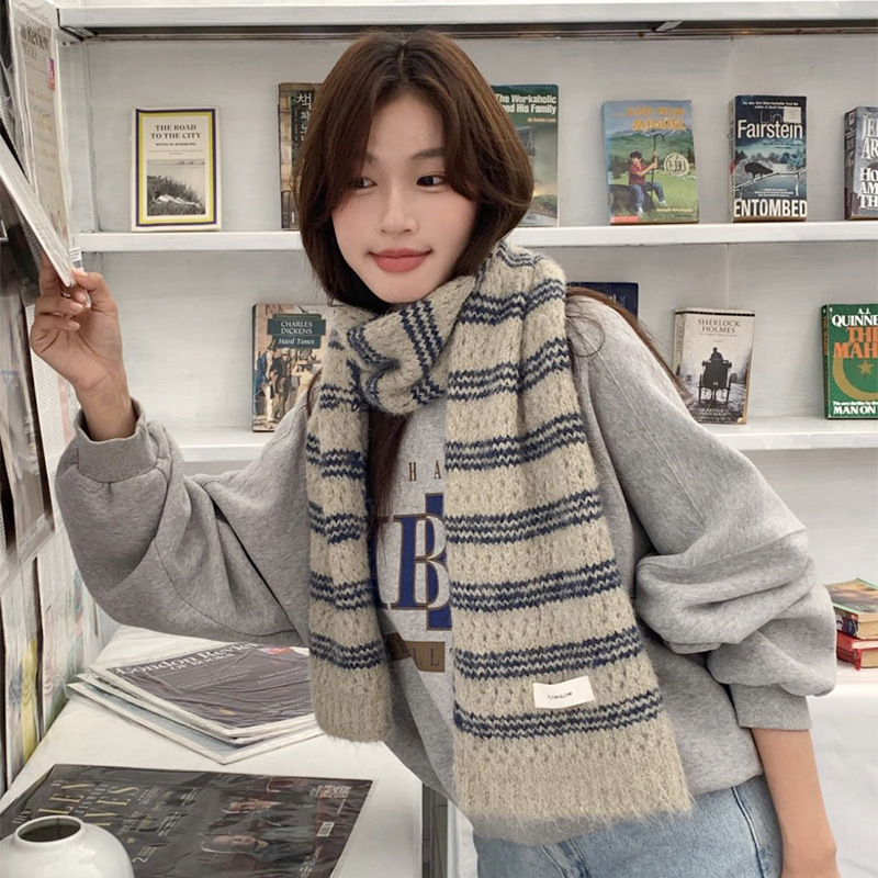 Zoe Lan ženski šal s prugama u korejskom stilu, zima 2025, mješavina vune, pleteni, topao