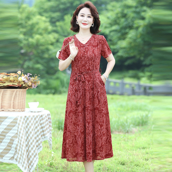 Virágmintás midi hosszúságú ruha V-nyakú, karcsúsított derék sziluett, poliészter-spandex keverék, elegáns nyári stílus