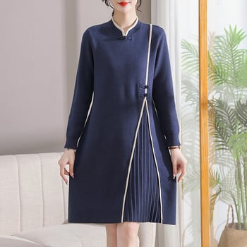 Rochie midi tricotată de iarnă pentru femei de vârsta mijlocie, croi A-line, mâneci lungi, talie lejeră