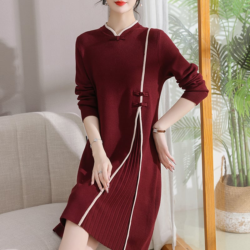 Rochie midi tricotată de iarnă pentru femei de vârsta mijlocie, croi A-line, mâneci lungi, talie lejeră