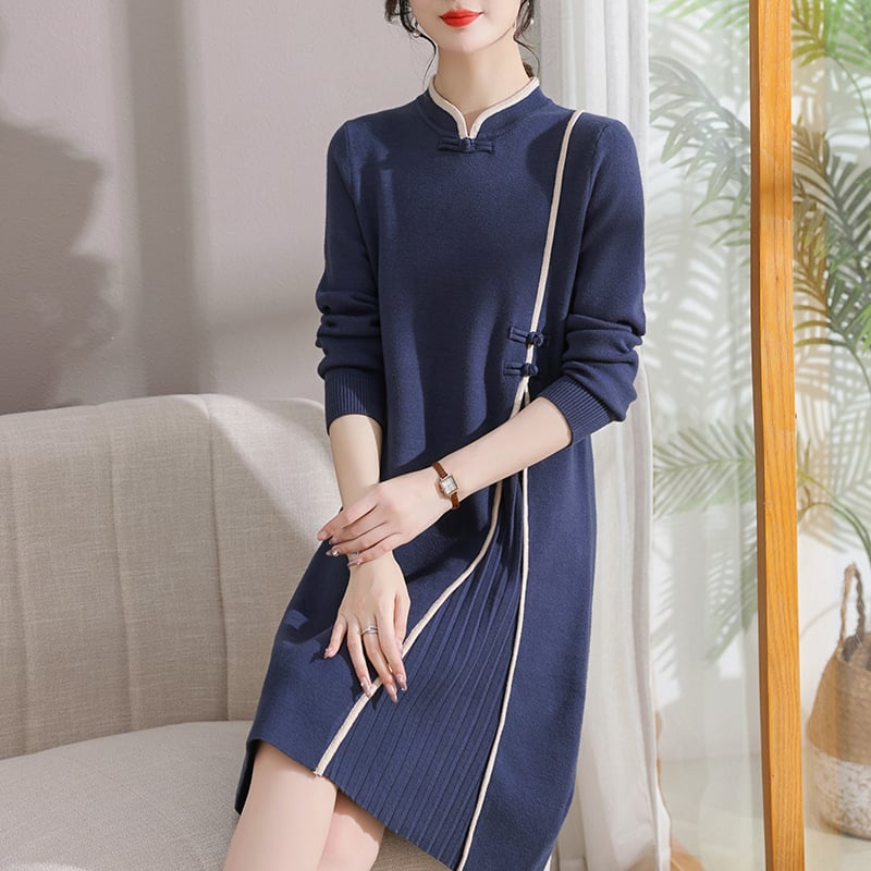 Rochie midi tricotată de iarnă pentru femei de vârsta mijlocie, croi A-line, mâneci lungi, talie lejeră