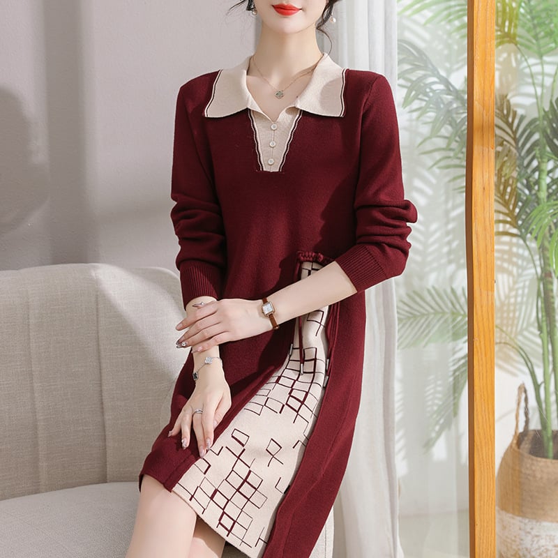 Rochie midi tricotată de iarnă pentru femei de vârsta mijlocie, croi A-line, mâneci lungi, talie lejeră