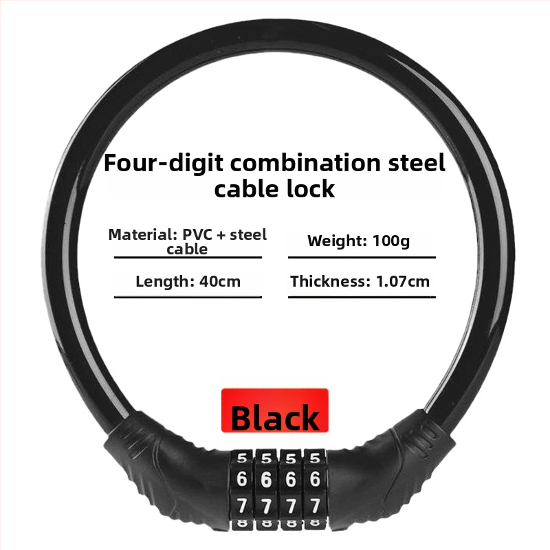 Keyma jelszavas zár kerékpárokhoz, motorkerékpárokhoz és elektromos járművekhez — négyjegyű kód, PVC+acélkábel, 100 g