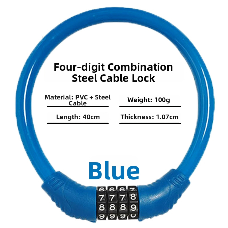 Keyma jelszavas zár kerékpárokhoz, motorkerékpárokhoz és elektromos járművekhez — négyjegyű kód, PVC+acélkábel, 100 g