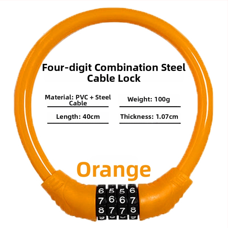 Keyma jelszavas zár kerékpárokhoz, motorkerékpárokhoz és elektromos járművekhez — négyjegyű kód, PVC+acélkábel, 100 g
