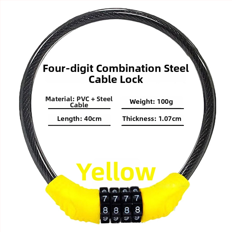 Keyma jelszavas zár kerékpárokhoz, motorkerékpárokhoz és elektromos járművekhez — négyjegyű kód, PVC+acélkábel, 100 g