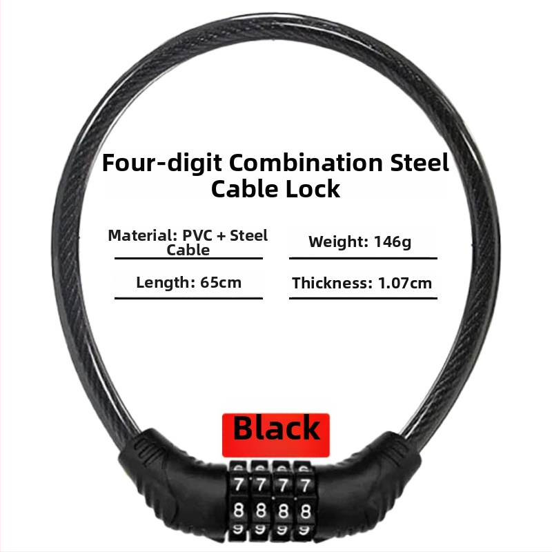 Keyma jelszavas zár kerékpárokhoz, motorkerékpárokhoz és elektromos járművekhez — négyjegyű kód, PVC+acélkábel, 100 g