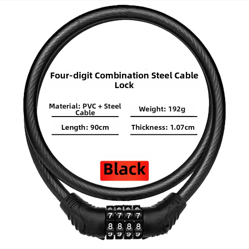 Keyma jelszavas zár kerékpárokhoz, motorkerékpárokhoz és elektromos járművekhez — négyjegyű kód, PVC+acélkábel, 100 g