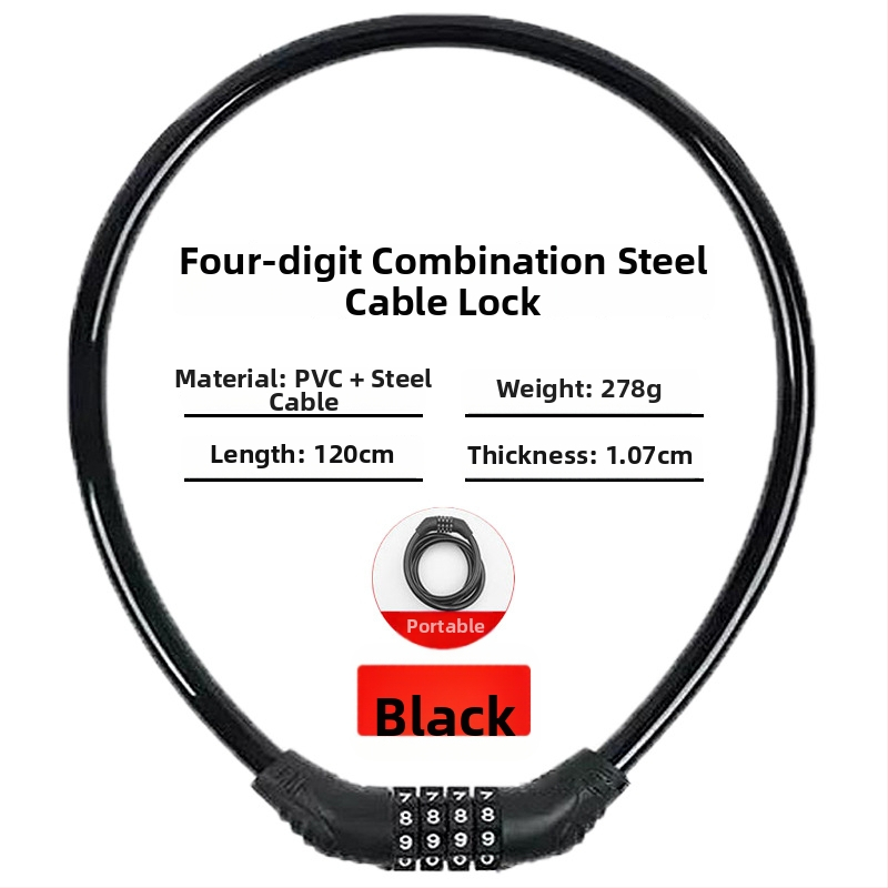 Keyma jelszavas zár kerékpárokhoz, motorkerékpárokhoz és elektromos járművekhez — négyjegyű kód, PVC+acélkábel, 100 g