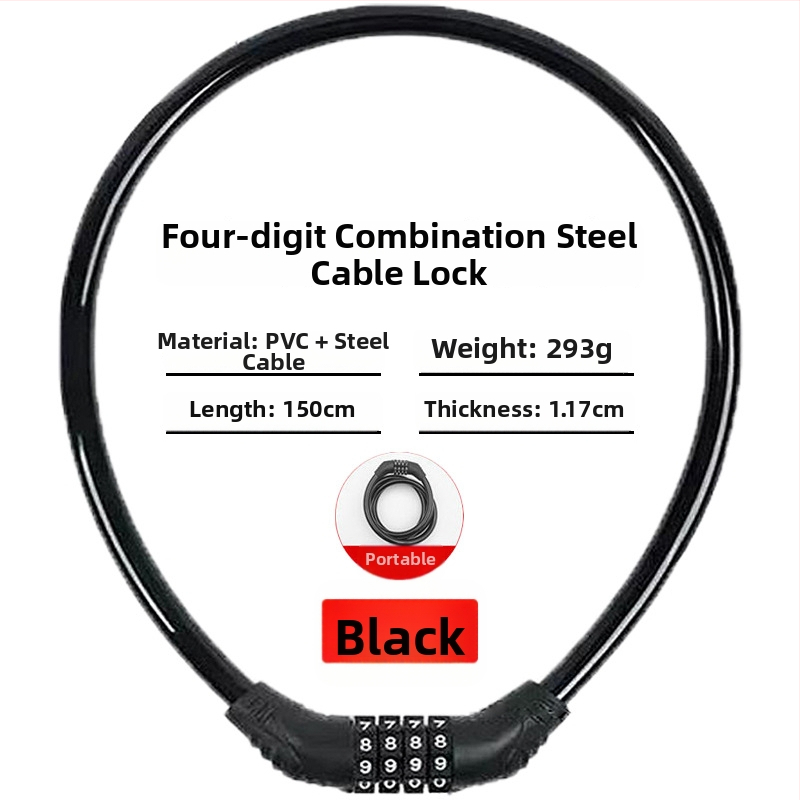 Keyma jelszavas zár kerékpárokhoz, motorkerékpárokhoz és elektromos járművekhez — négyjegyű kód, PVC+acélkábel, 100 g