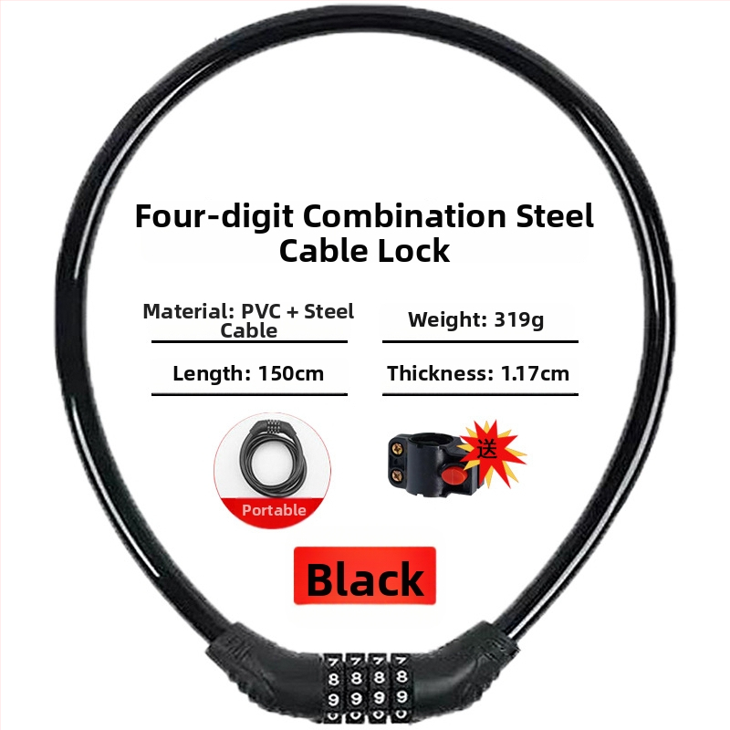 Keyma jelszavas zár kerékpárokhoz, motorkerékpárokhoz és elektromos járművekhez — négyjegyű kód, PVC+acélkábel, 100 g