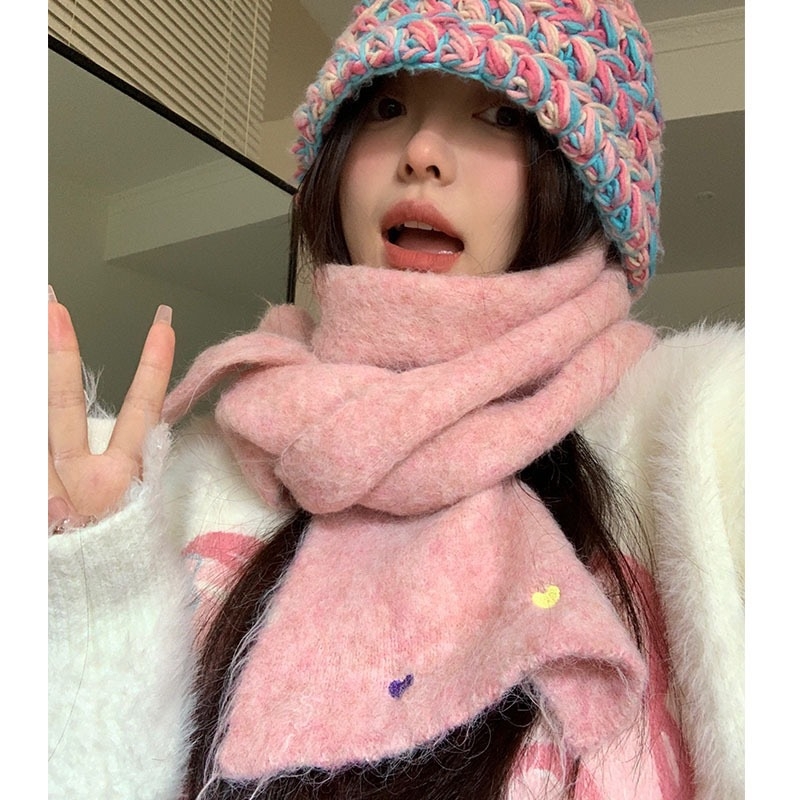 Šal s motivom srca u korejskom stilu za žene – plišani pleteni šal, održava toplinu, zima, inspiriran japanskim svježim i sladak estetikom