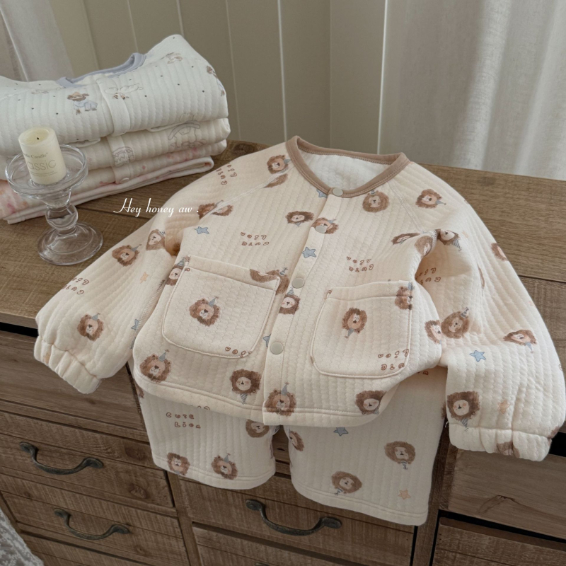 Set pijamale copii iarnă, 50% bumbac, unisex, mâneci lungi, gros, stil coreean, îmbrăcăminte de casă, iarna 2025