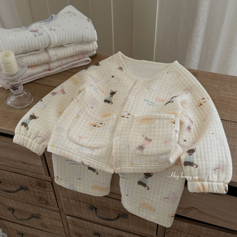 Set pijamale copii iarnă, 50% bumbac, unisex, mâneci lungi, gros, stil coreean, îmbrăcăminte de casă, iarna 2025