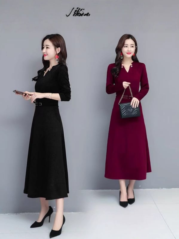 Női poliészter ruha, őszi 2025 kollekció, középméret hossz, hosszú ujjú, elegáns munkahelyi stílus, panelos dizájn, szövet összetétel 80-90% poliészter