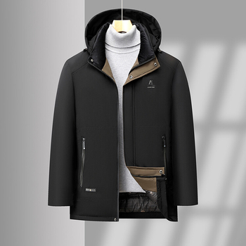 Ανδρικό μπουφάν με επένδυση από βαμβάκι, κουκούλα, φερμουάρ, παχύτερο πολυεστερικό ύφασμα