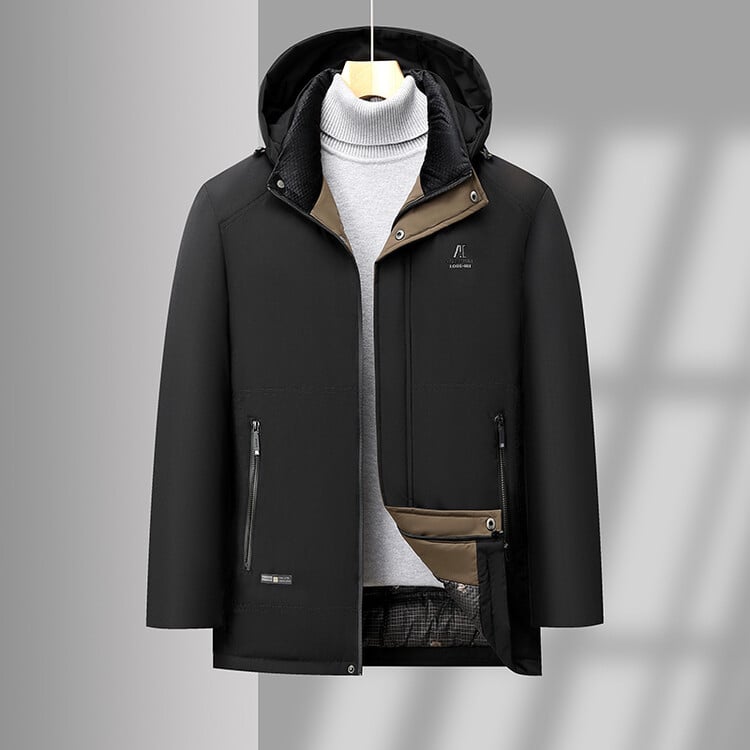 Ανδρικό μπουφάν με επένδυση από βαμβάκι, κουκούλα, φερμουάρ, παχύτερο πολυεστερικό ύφασμα