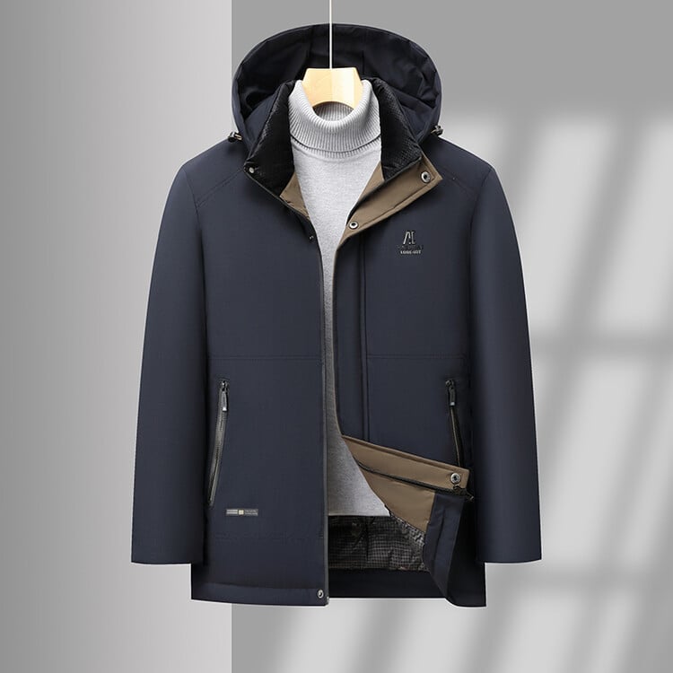 Ανδρικό μπουφάν με επένδυση από βαμβάκι, κουκούλα, φερμουάρ, παχύτερο πολυεστερικό ύφασμα