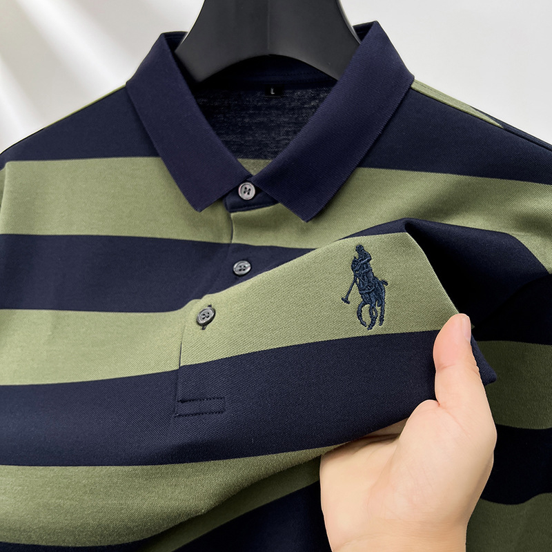 Muška dugačka majica od pamuka s prugama, ovratnik tip lapel, prozračna tkanina, proljetje i jesen