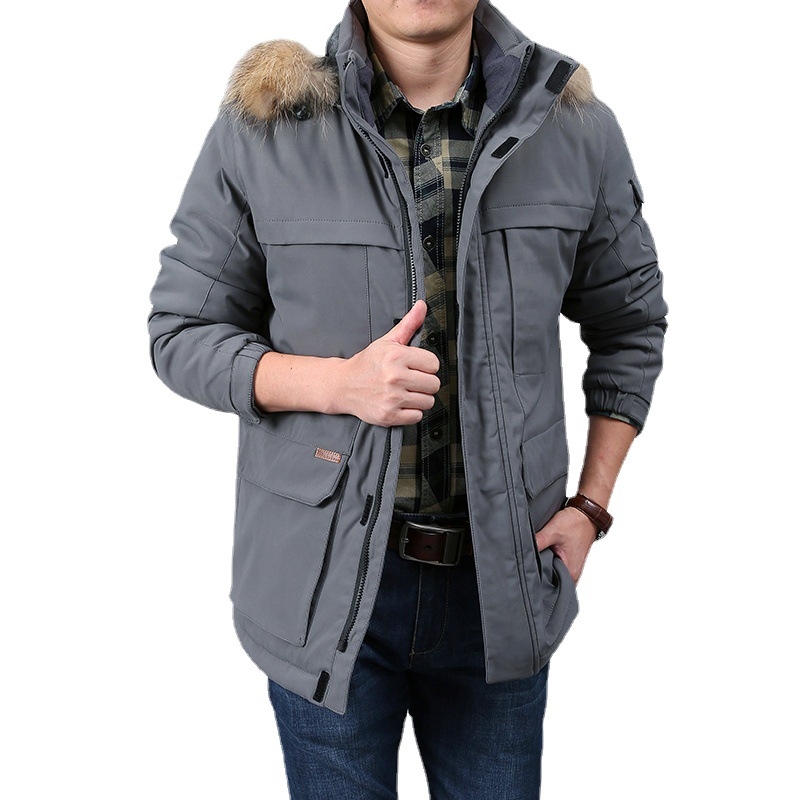 Ανδρικό παλτό με κουκούλα, μεσαίου μήκους, από πολυεστέρα, επένδυση φλίς και γούνινος γιακά