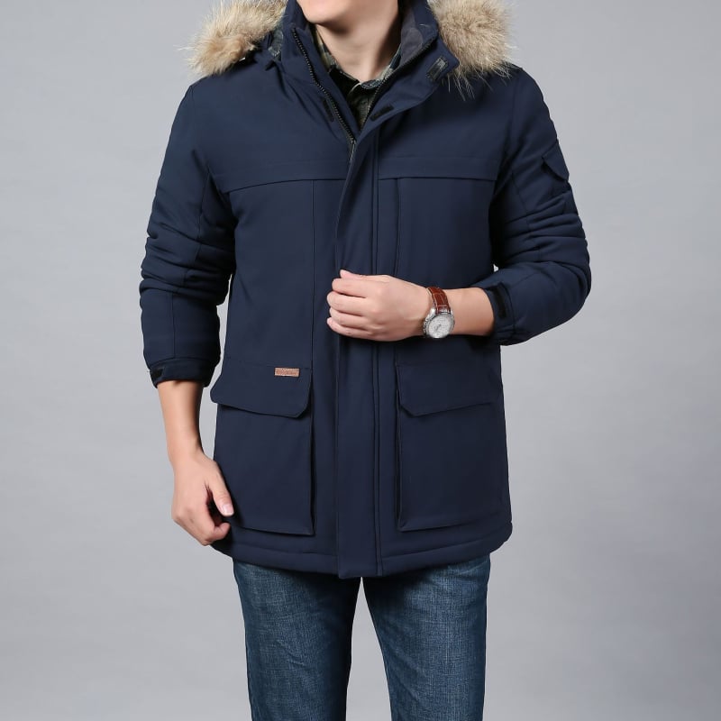 Ανδρικό παλτό με κουκούλα, μεσαίου μήκους, από πολυεστέρα, επένδυση φλίς και γούνινος γιακά