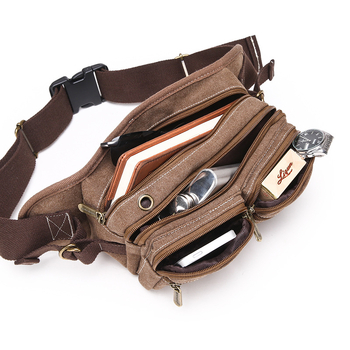 Muška platnena torba za struk od platna - Višenamjenska, Prozračna, Korejskog stila, Veliki kapacitet (Canvas; Breathable; Polyester lining; Leisure travel; Men's Fanny Pack)