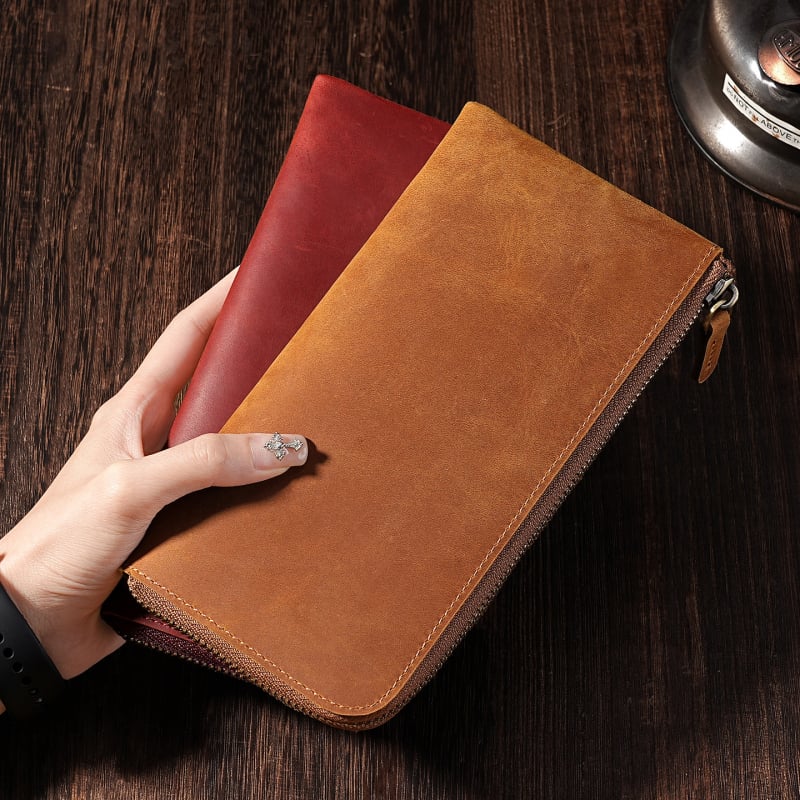 Portofel lung din piele naturală Crazy Horse, pentru bărbați și femei, culoare solidă, căptușeală poliester, capacitate mare pentru ID și carduri