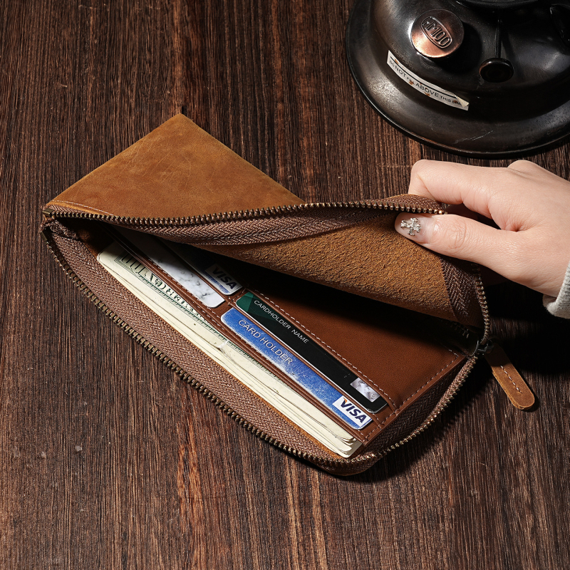 Portofel lung din piele naturală Crazy Horse, pentru bărbați și femei, culoare solidă, căptușeală poliester, capacitate mare pentru ID și carduri