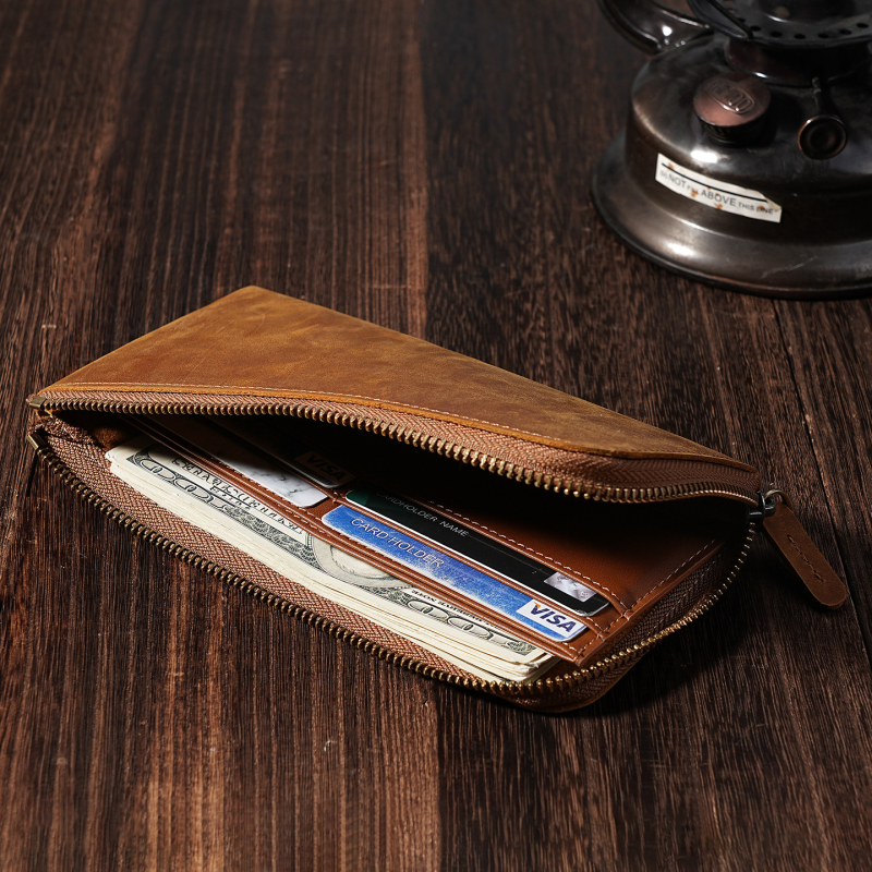 Portofel lung din piele naturală Crazy Horse, pentru bărbați și femei, culoare solidă, căptușeală poliester, capacitate mare pentru ID și carduri