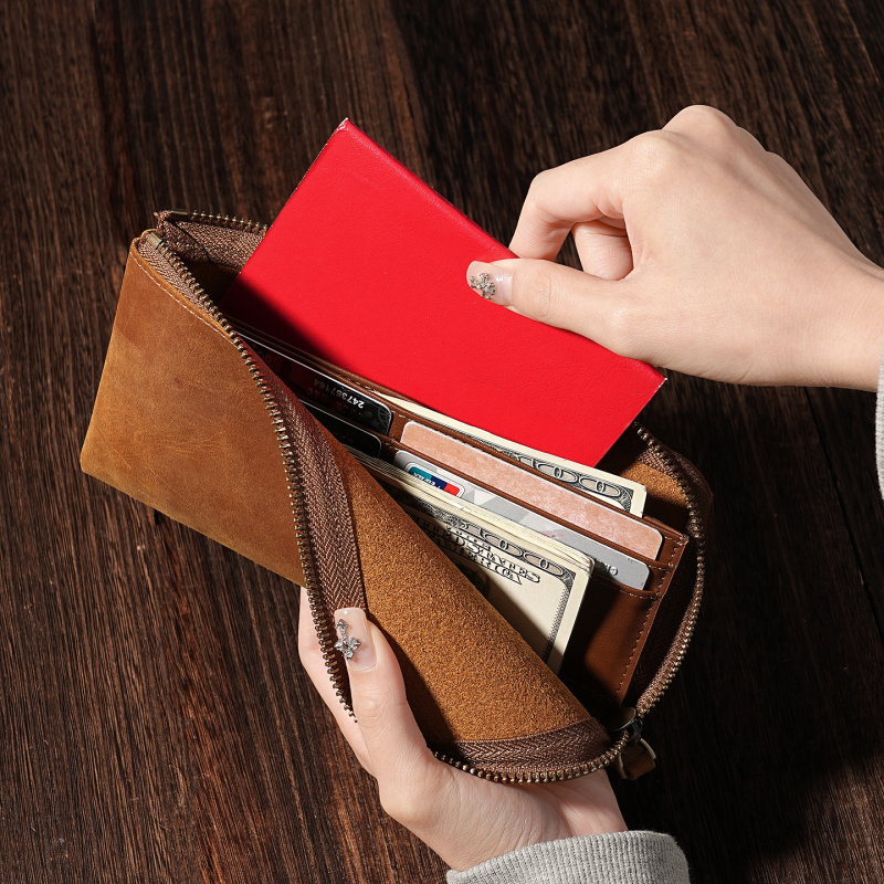 Portofel lung din piele naturală Crazy Horse, pentru bărbați și femei, culoare solidă, căptușeală poliester, capacitate mare pentru ID și carduri